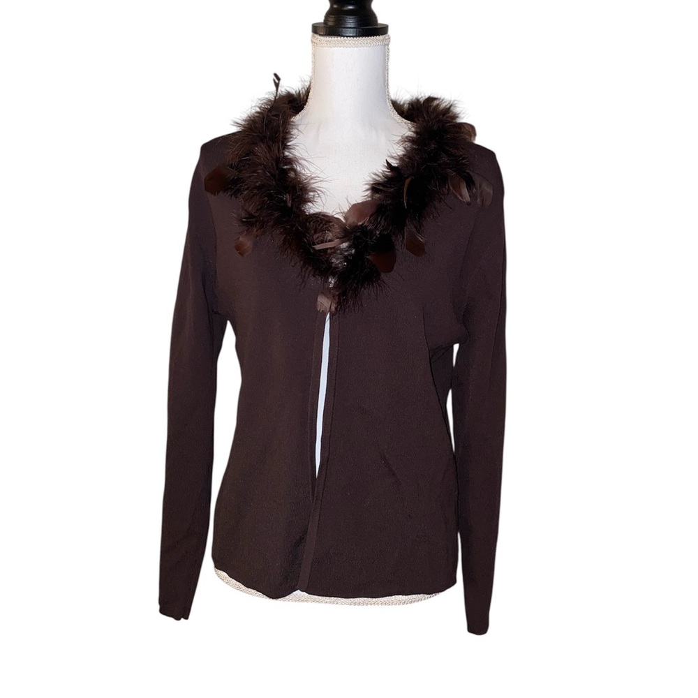 Lisa International Faux Feather Collar Cardigan Sweater Brown Women’s Large